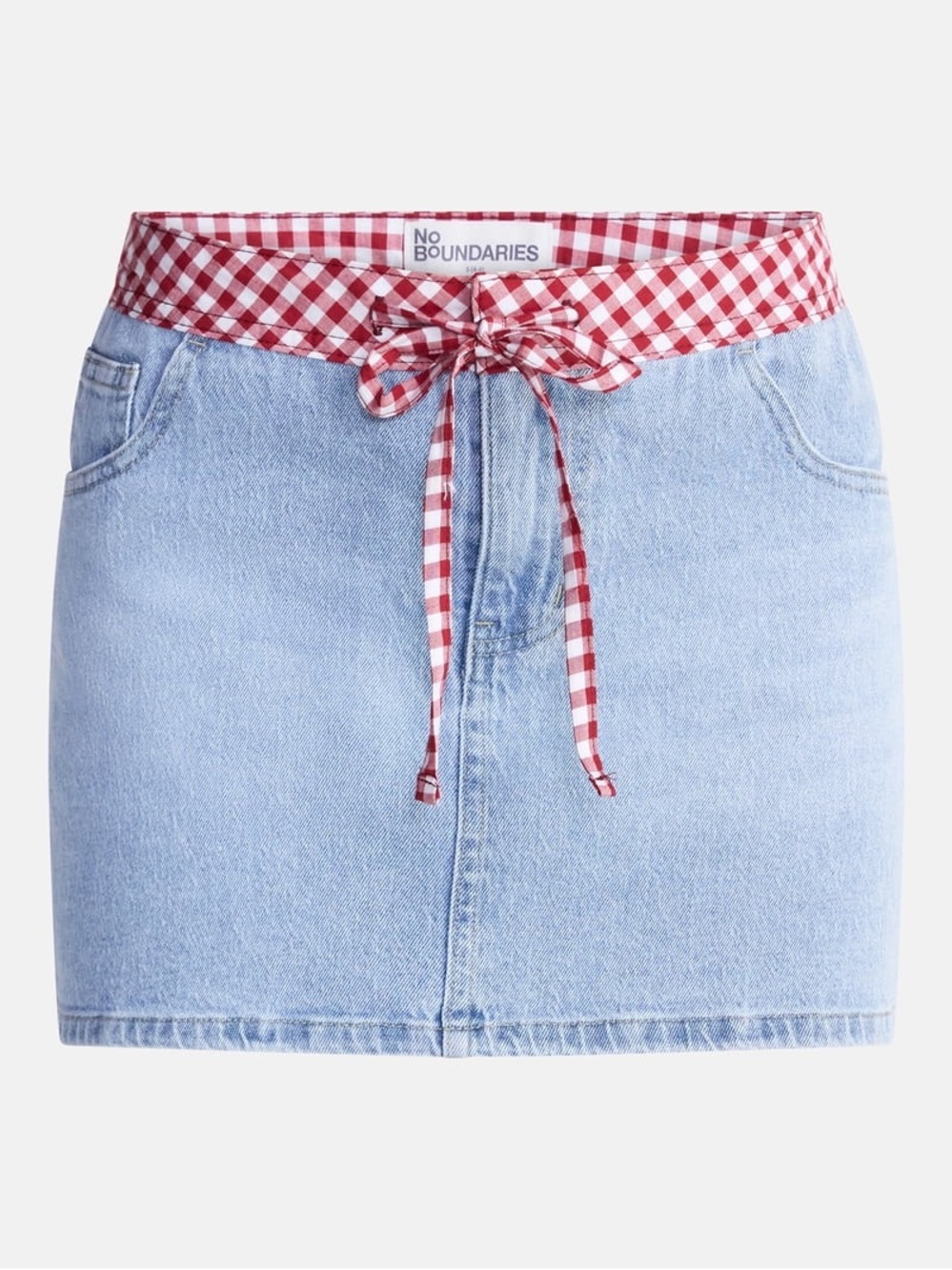 No Boundaries Light Blue Denim Mini Skirt with Red Gingham Waist Tie - Picture 7 of 8